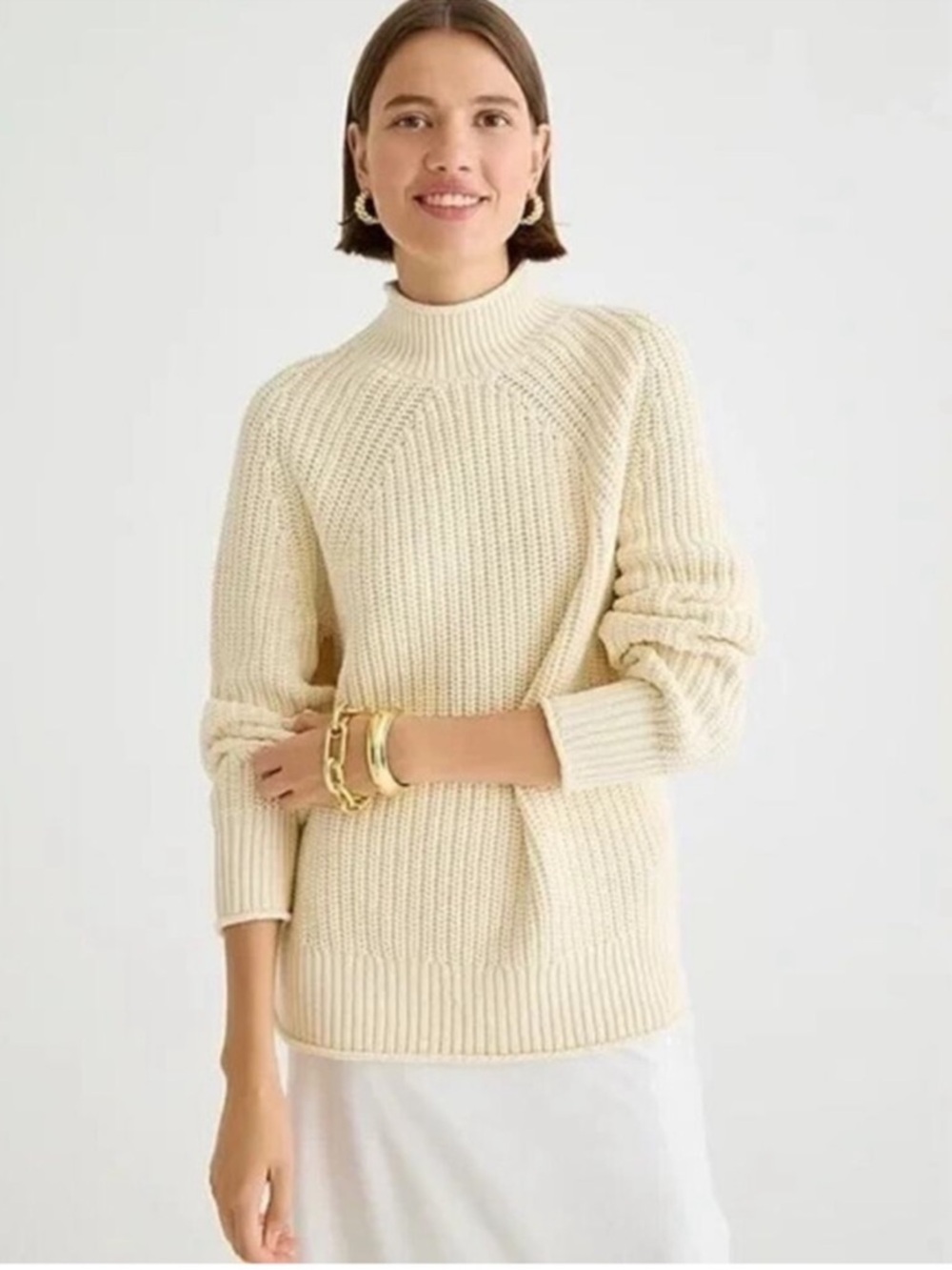 J. Crew Relaxed Rollneck Sweater Size M Cream Chunky Fisherman Coastal Preppy - Picture 2 of 9